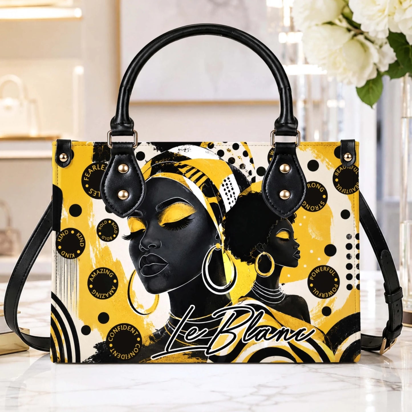 Stylish tote bag for women featuring artistic black woman illustrations and empowering motivational quotes in yellow