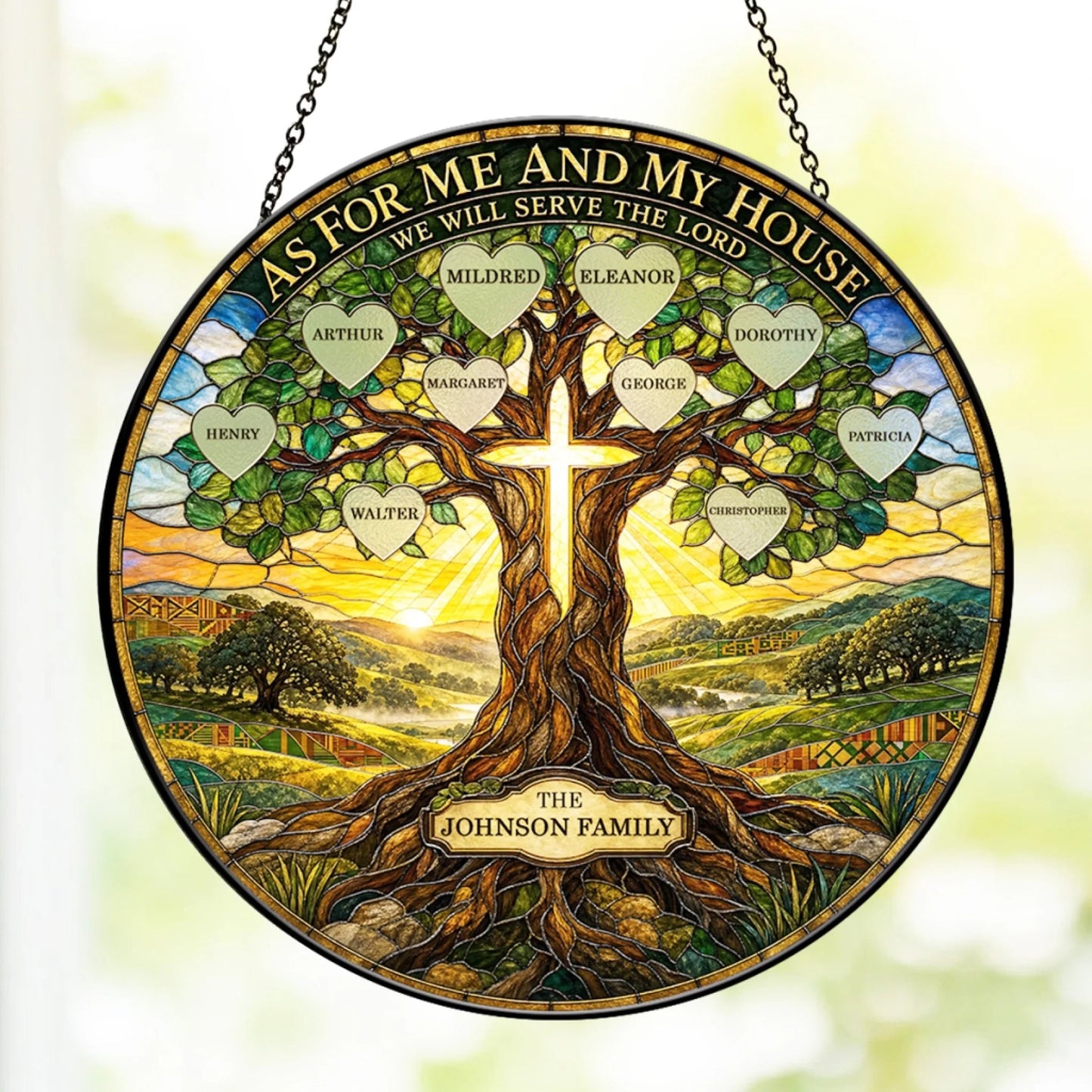 Round personalized stained glass suncatcher with tree of life design featuring family names and Christian quote for home decor.