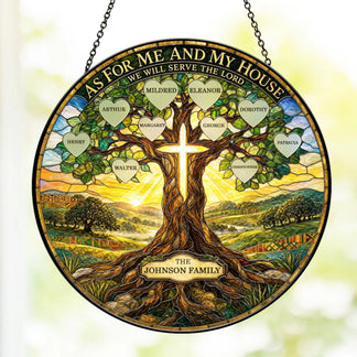 Round personalized stained glass suncatcher with tree of life design featuring family names and Christian quote for home decor.