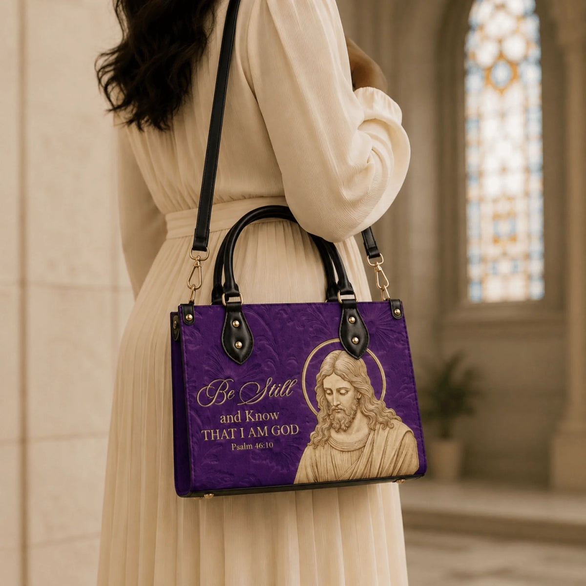Faith-inspired purple handbag with Jesus portrait and Be Still and Know That I Am God Psalm 46 10 religious quote.