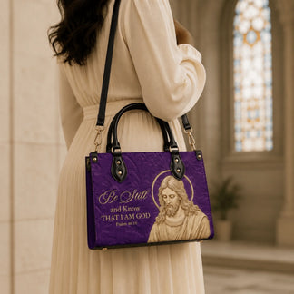 Faith-inspired purple handbag with Jesus portrait and Be Still and Know That I Am God Psalm 46 10 religious quote.