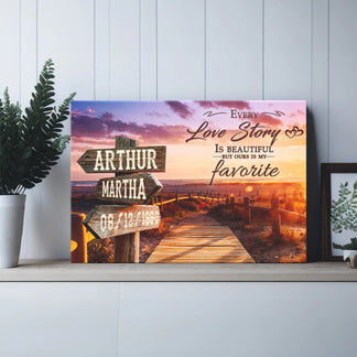 Personalized canvas print showing a scenic boardwalk, custom names Arthur and Martha, and a wedding date for a romantic couple gift.