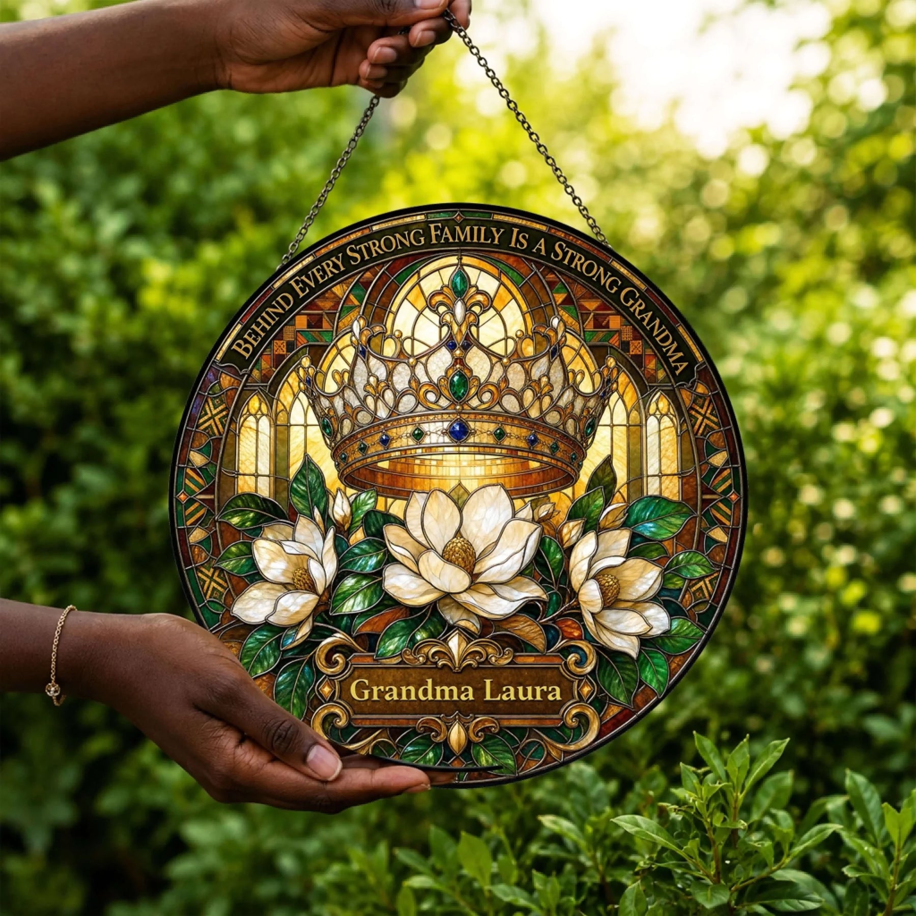 Personalized Grandma Laura acrylic suncatcher featuring a crown and white magnolia flowers for a Mother's Day gift.