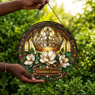 Personalized Grandma Laura acrylic suncatcher featuring a crown and white magnolia flowers for a Mother's Day gift.