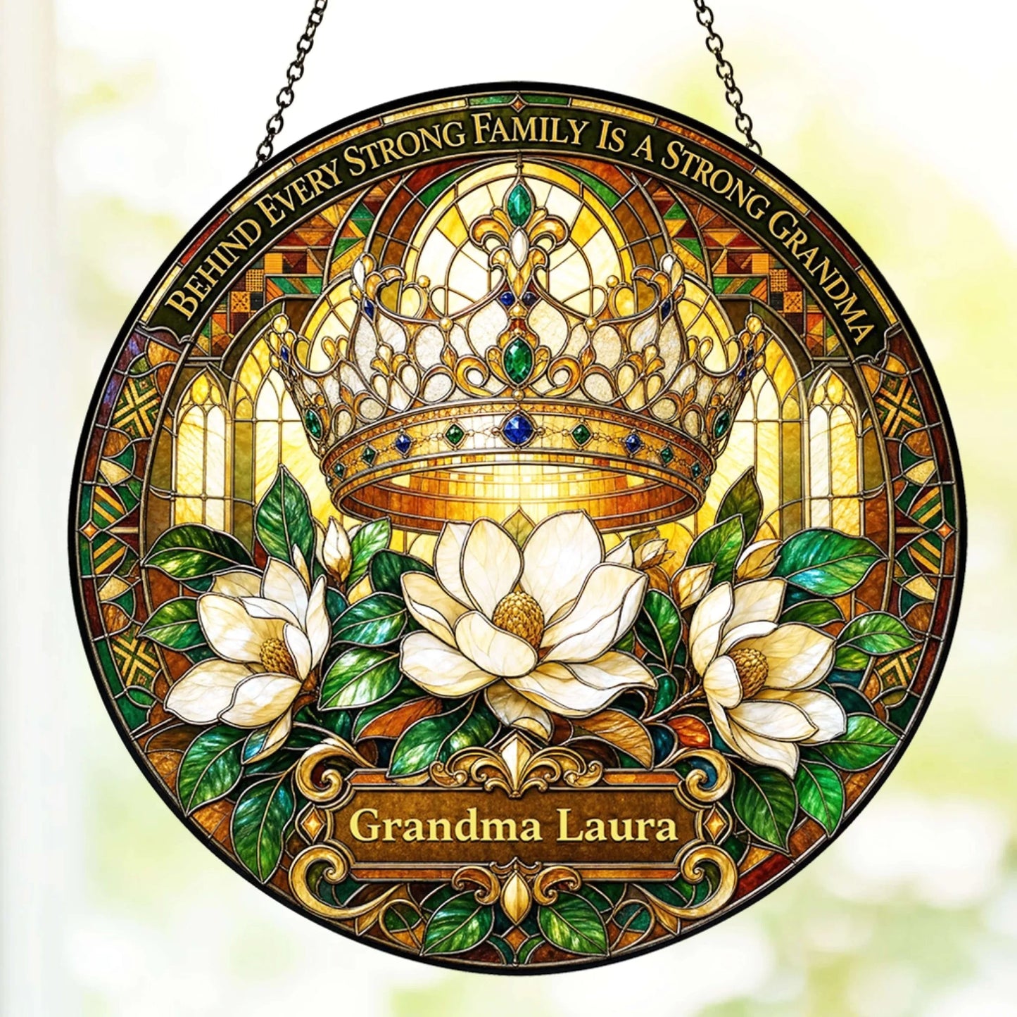 A decorative circular suncatcher with a royal crown and magnolia design personalized with the name Grandma Laura.