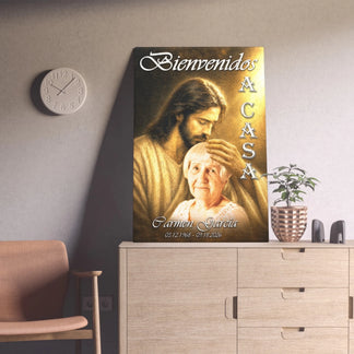 Decorative memorial canvas featuring a spiritual scene of Jesus and a custom name for a meaningful sympathy gift.