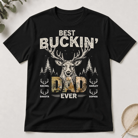 Personalized Best Buckin Dad Ever t-shirt featuring deer and camo text with custom names for a unique Father's Day gift.