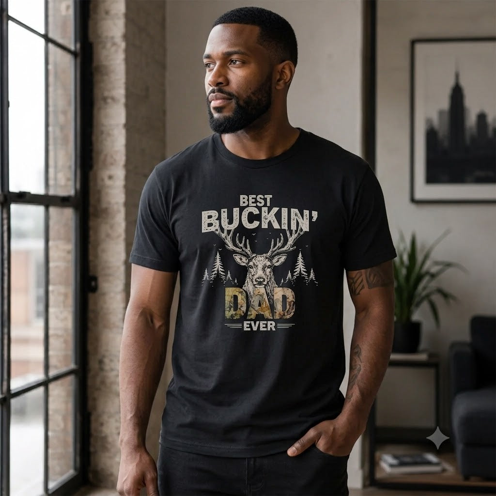 A man wearing a personalized Best Buckin Dad Ever t-shirt with a deer graphic, designed as a custom gift for fathers.