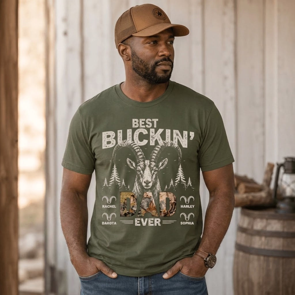 Olive green t-shirt with a ram design and camo text that includes custom family names for a personalized dad gift.