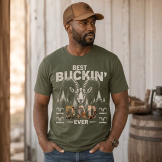 Olive green t-shirt with a ram design and camo text that includes custom family names for a personalized dad gift.