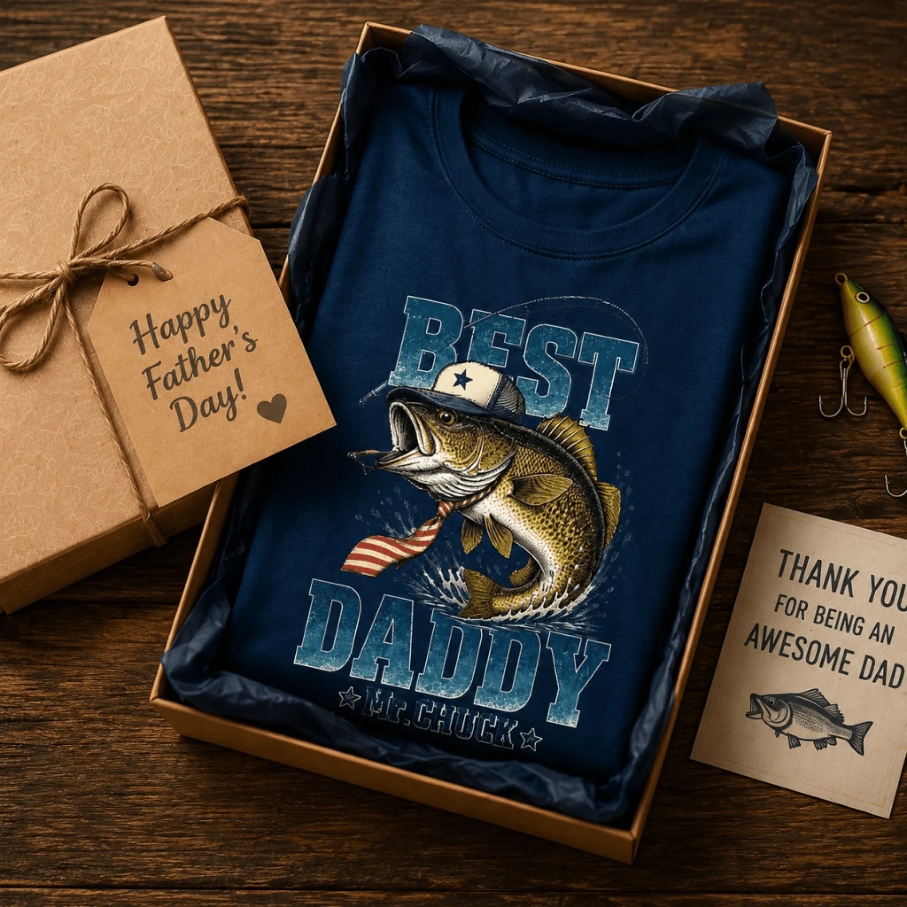Father Day gift box containing a navy fishing themed Best Daddy Mr Chuck t-shirt with a sweet note and fishing lure.