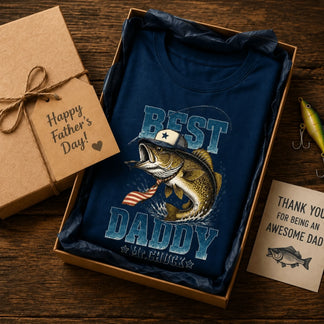 Father Day gift box containing a navy fishing themed Best Daddy Mr Chuck t-shirt with a sweet note and fishing lure.