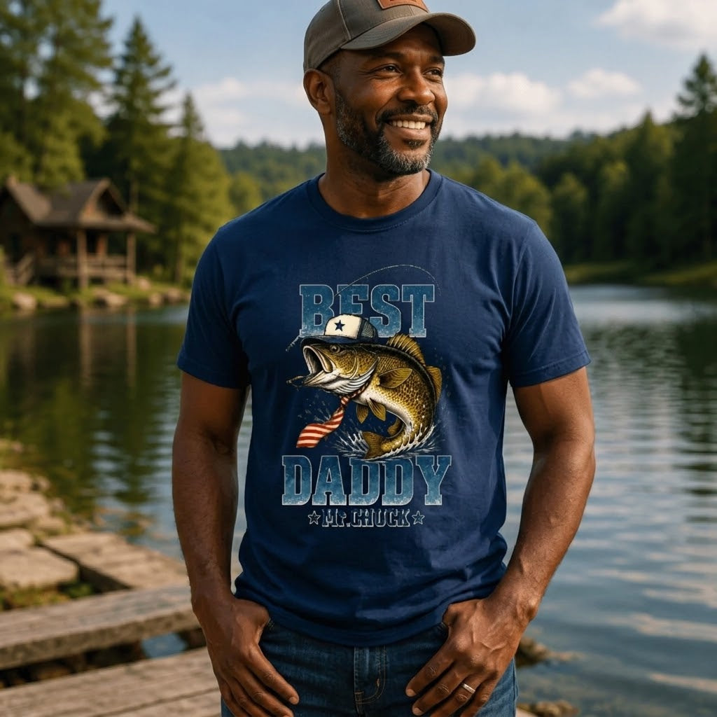 A navy blue t shirt for dad featuring a graphic of a fish wearing a hat and tie with the text Best Daddy Mr Chuck.