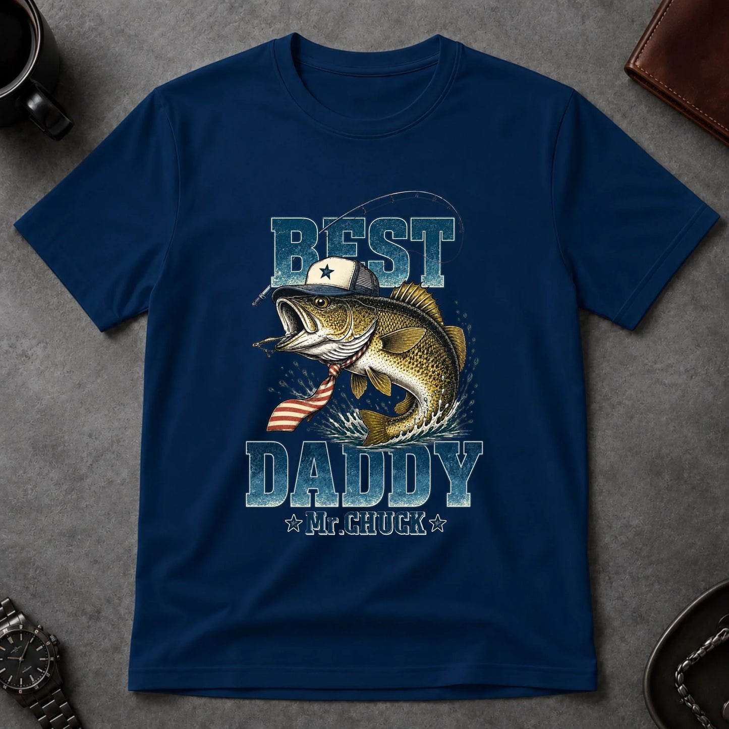 Navy blue unisex t-shirt featuring a fishing bass wearing a hat and tie with Best Daddy Mr Chuck text for Father Day.