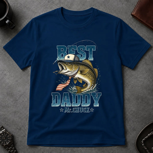Navy blue unisex t-shirt featuring a fishing bass wearing a hat and tie with Best Daddy Mr Chuck text for Father Day.