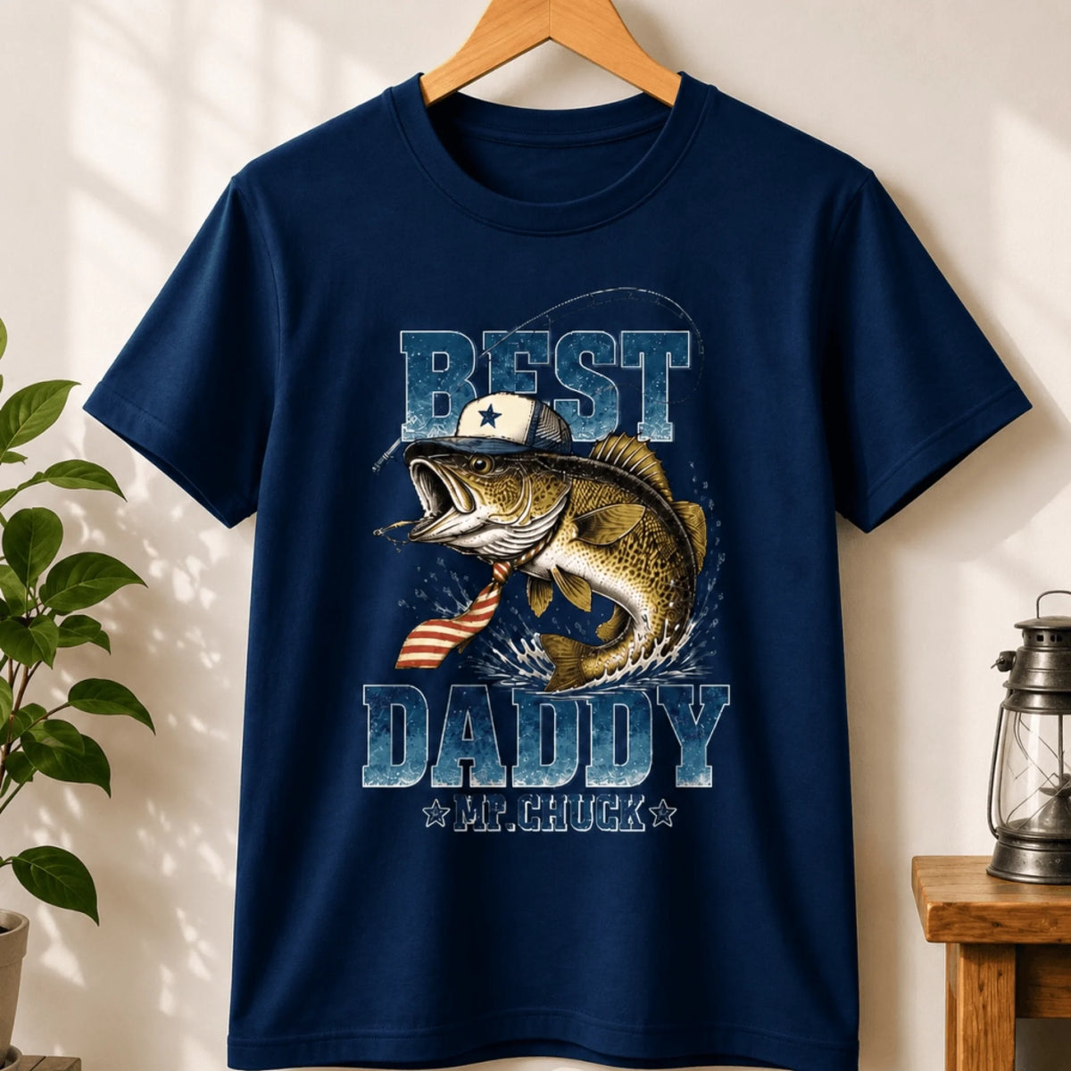 Navy blue cotton t-shirt with a graphic of a fish wearing a hat and tie, printed with Best Daddy Mr Chuck for dads.