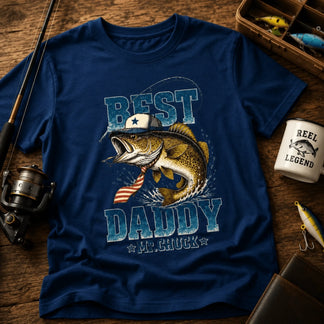 Navy blue t-shirt with a fishing bass illustration wearing a hat and tie, personalized with Best Daddy Mr Chuck text.
