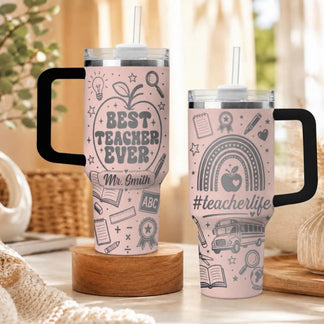 Personalized pink teacher tumbler with Best Teacher Ever quote and school icons for teacher appreciation week gift.