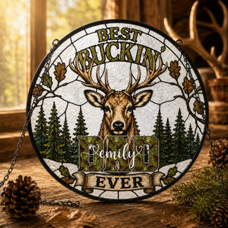 Best Buckin Dad Ever Personalized Glass Suncatcher in Multiple Sizes – Custom Hunting Gift for Dad
