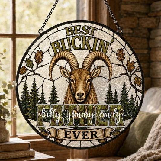 Best Buckin Dad Ever Personalized Glass Suncatcher – Custom Kids Names Hunting Gift for Dad