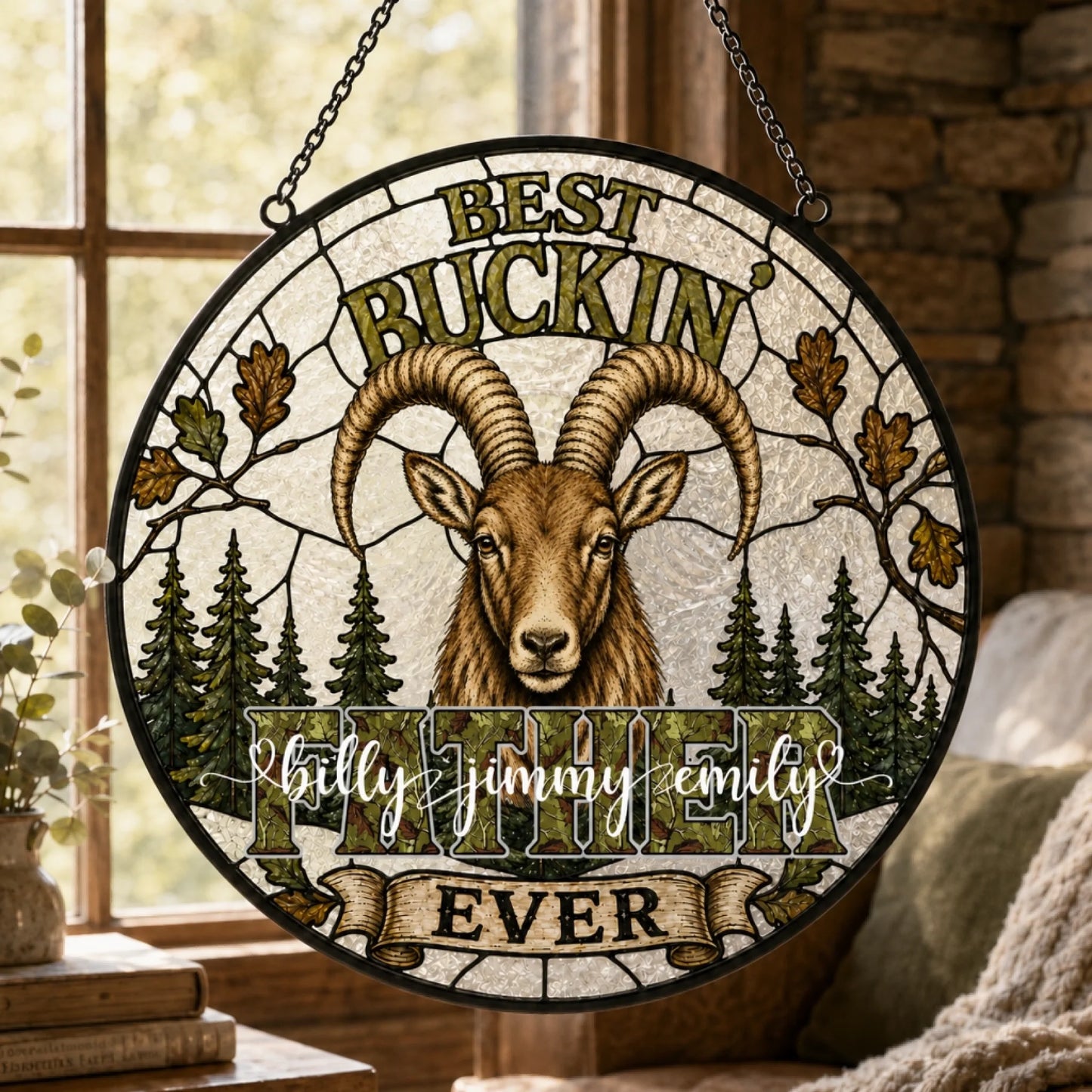 Best Buckin Dad Ever Personalized Glass Suncatcher with Custom Kids Names – Hunting Gift for Dad