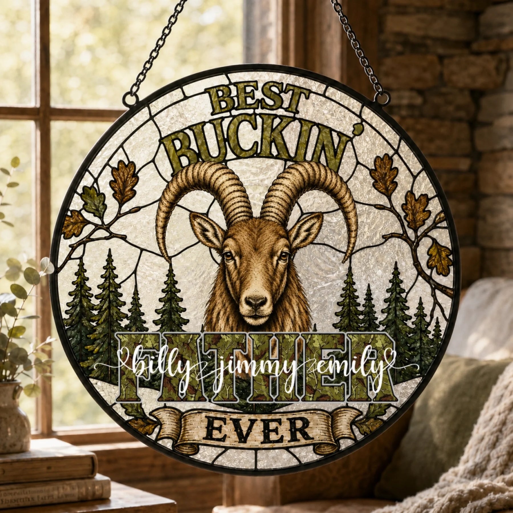 Best Buckin Dad Ever Personalized Glass Suncatcher with Custom Kids Names – Hunting Gift for Dad