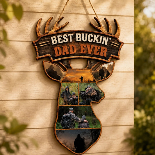 Best Buckin Dad Ever personalized wood sign with custom photos and deer antler design