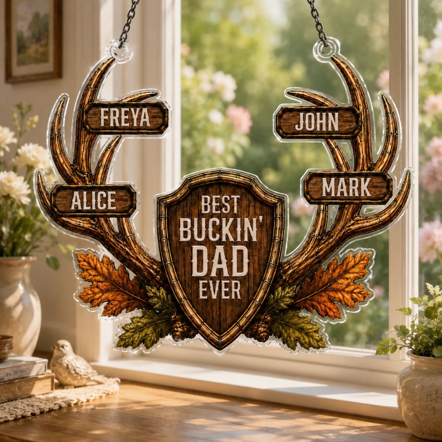 Best Buckin Dad Ever suncatcher ornament with custom children's names