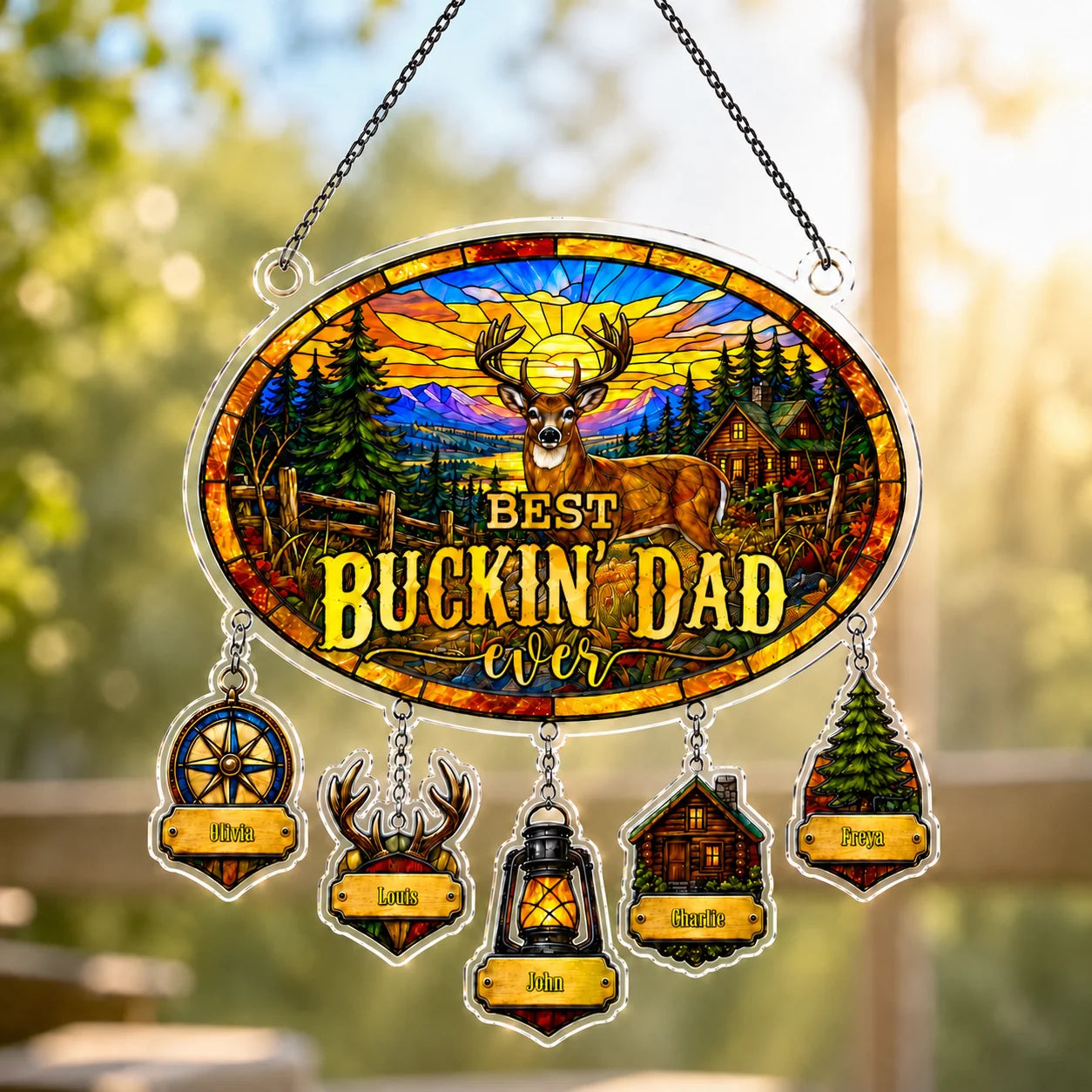 Best Buckin' Dad Ever personalized suncatcher with custom kids names – hunting deer design