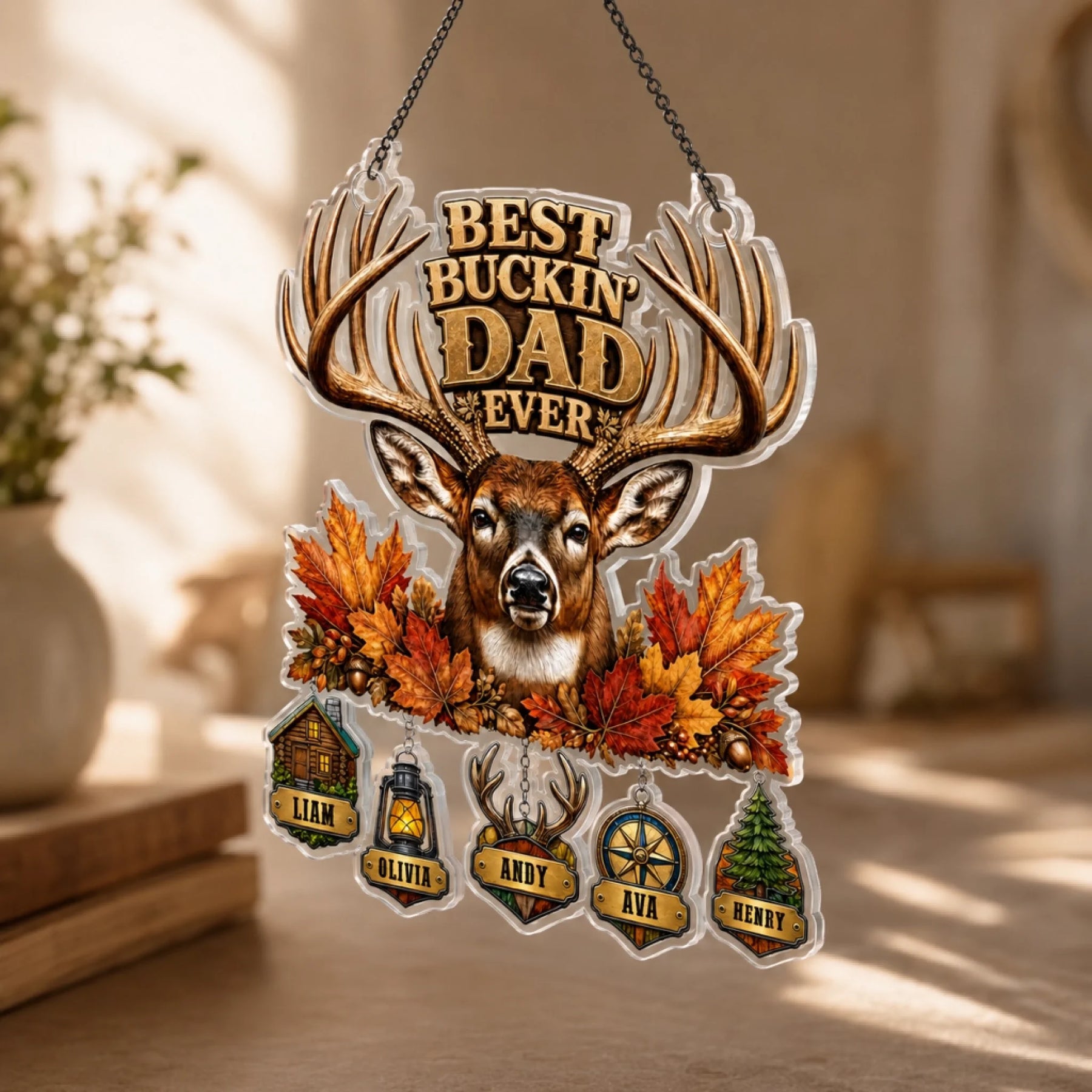 Best Buckin Dad Ever suncatcher displayed in cabin or man cave window