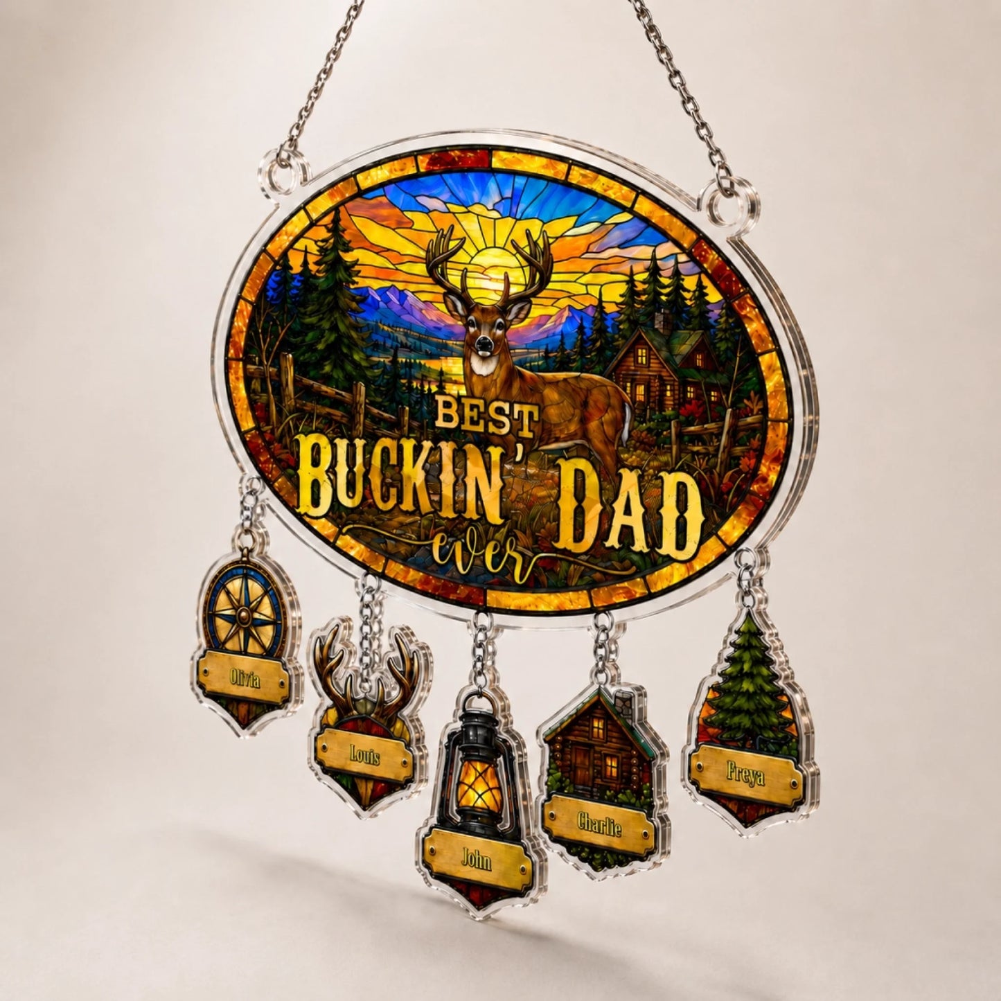 Best Buckin' Dad suncatcher ornament close-up with name charms