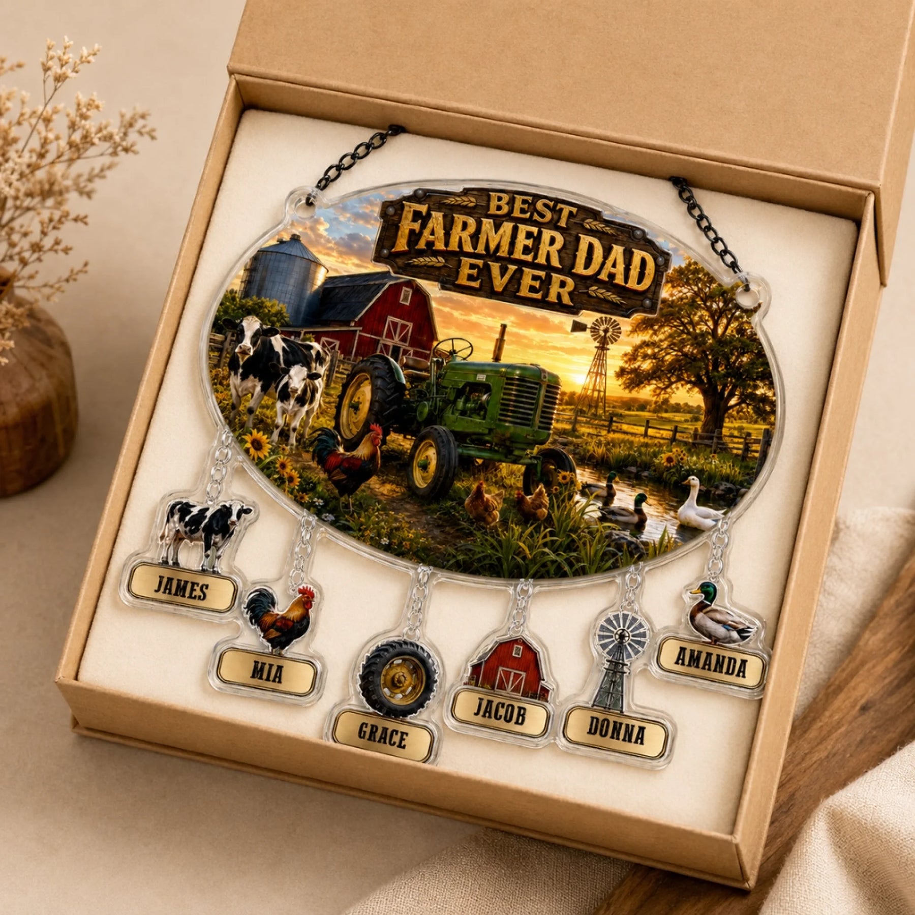 Decorative plaque with farm scene and personalized names in a box
