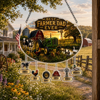 Decorative sign with 'Best Farmer Dad Ever' and farm-themed names in a rural setting.