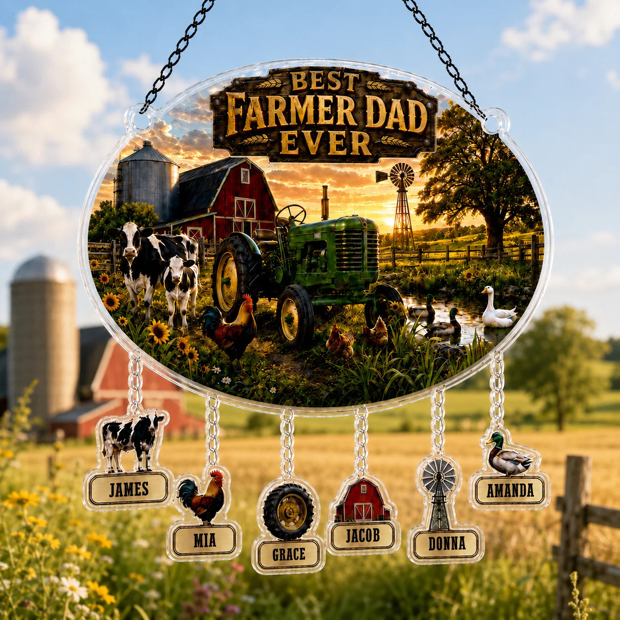 Decorative sign with 'Best Farmer Dad Ever' and farm-themed elements on a scenic background.