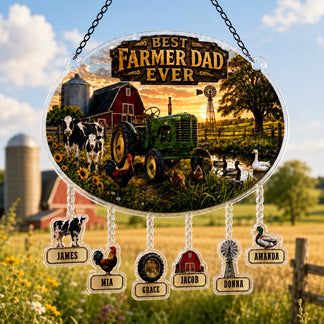 Decorative sign with 'Best Farmer Dad Ever' and farm-themed elements on a scenic background.