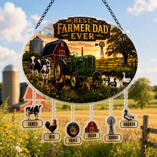 Decorative sign with 'Best Farmer Dad Ever' and farm-themed elements on a scenic background.