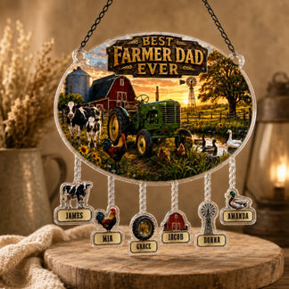 Decorative sign with 'Best Farmer Dad Ever' and farm-themed elements on a wooden stand.