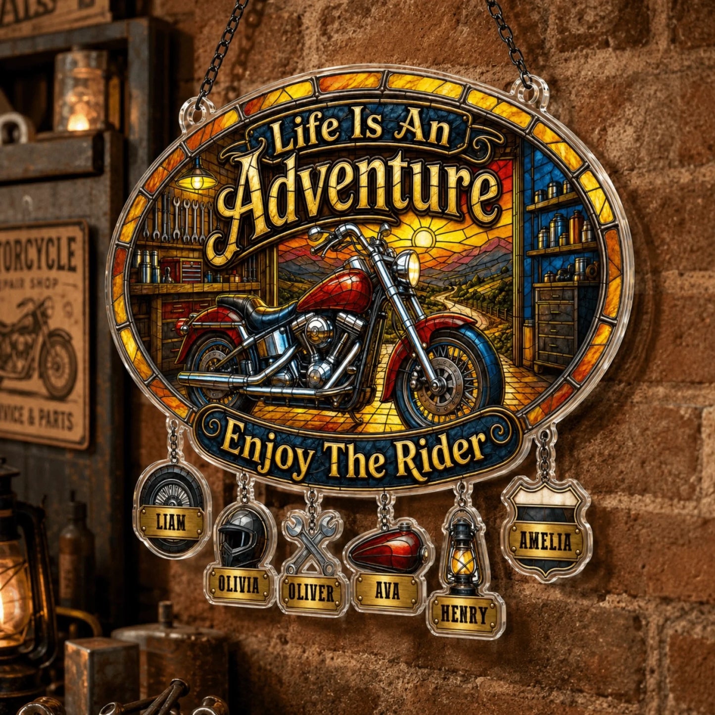 Custom biker dad suncatcher with individual name charms for each child