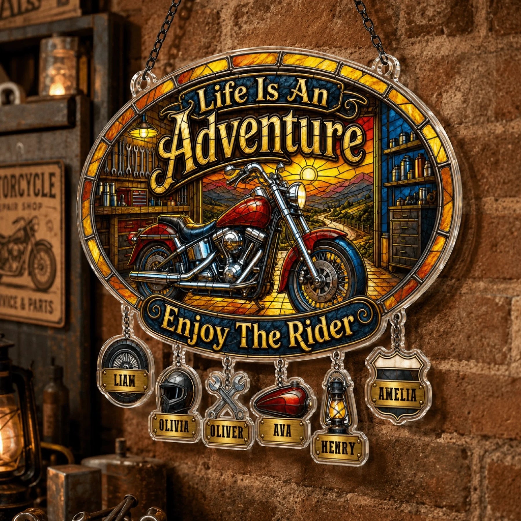 Custom biker dad suncatcher with individual name charms for each child