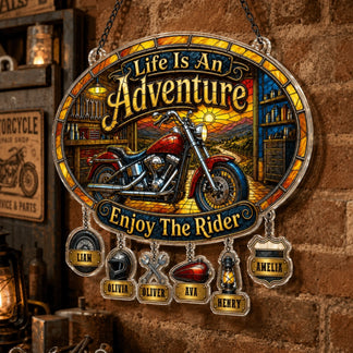 Custom biker dad suncatcher with individual name charms for each child