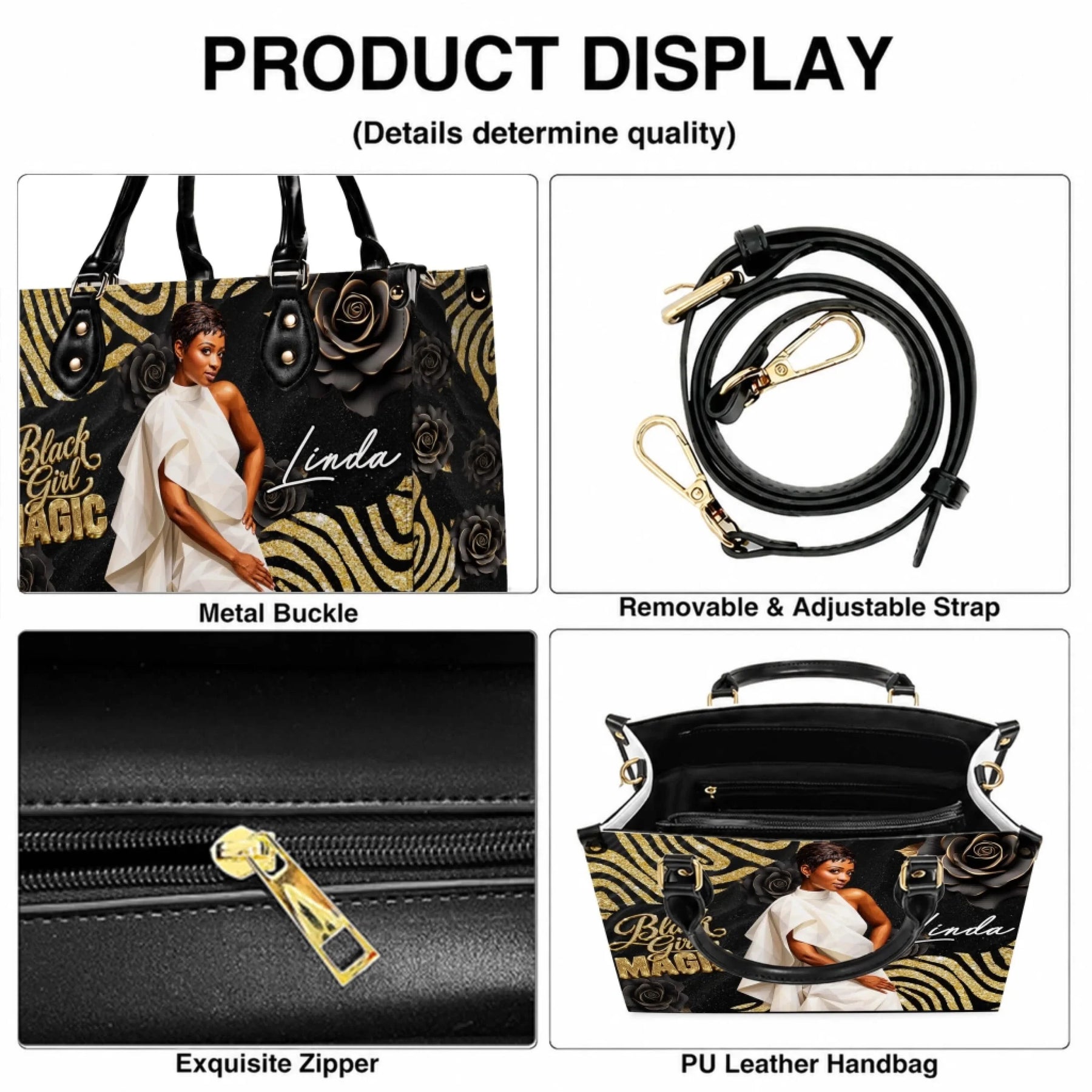 Product detail display of the personalized Black Girl Magic handbag featuring adjustable straps and quality hardware.