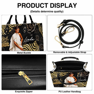Product detail display of the personalized Black Girl Magic handbag featuring adjustable straps and quality hardware.