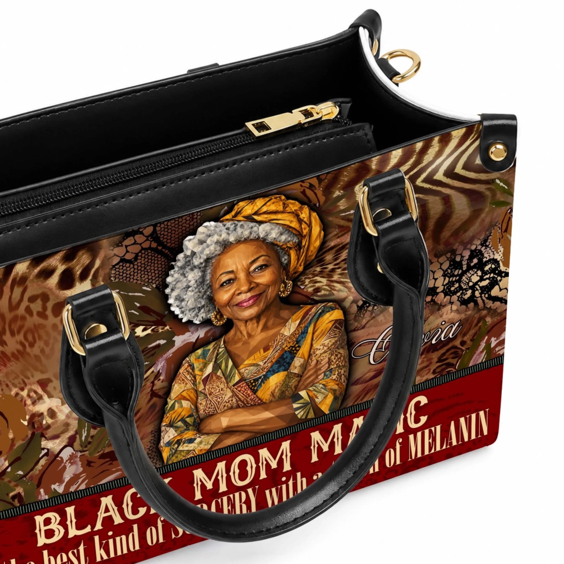 Interior detail of a personalized Black Mom Magic themed handbag showing premium construction and stylish animal print.
