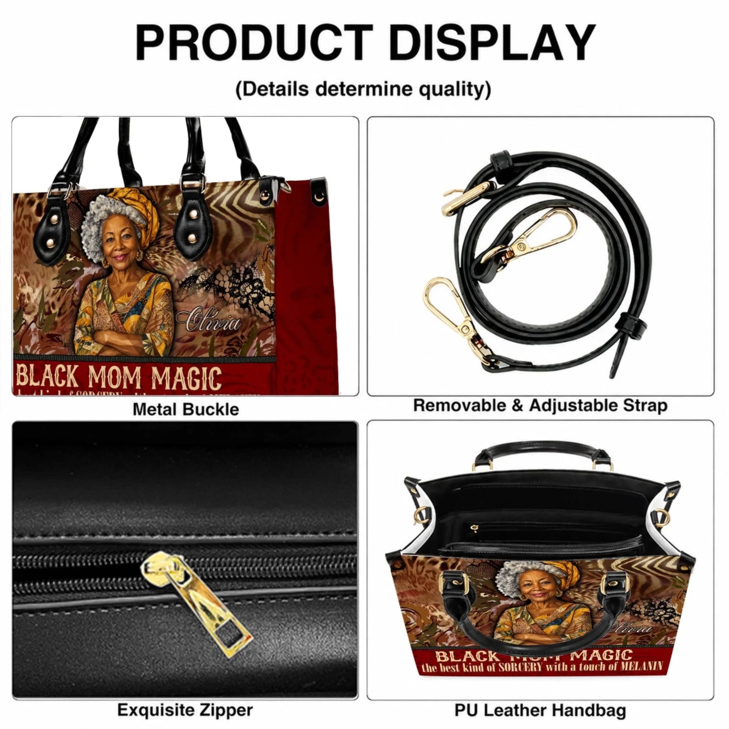 Product display showing features of a Black Mom Magic custom handbag including metal buckle and adjustable strap
