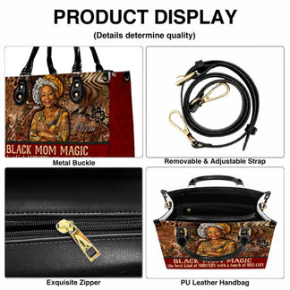 Product display showing features of a Black Mom Magic custom handbag including metal buckle and adjustable strap