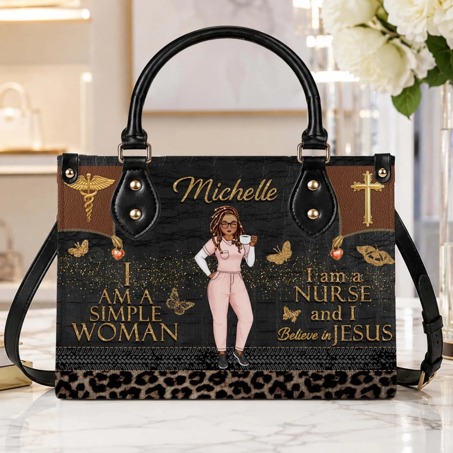 Personalized black handbag for nurses featuring an illustration of a woman holding coffee and religious gold text.