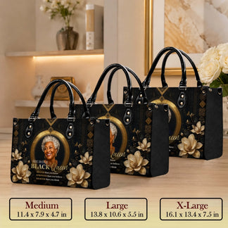 Three sizes of a personalized Black queen leather handbag shown with dimensions for medium, large, and extra large.