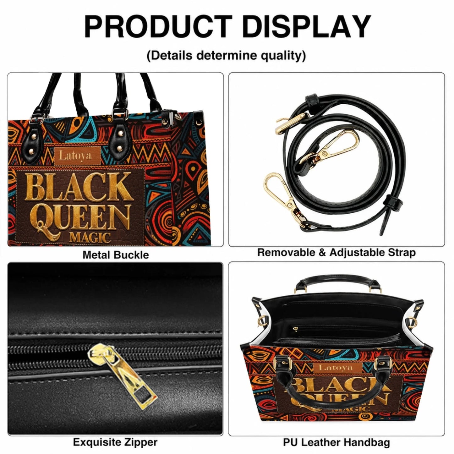 Detailed features of the personalized Black Queen Magic handbag including metal buckles zipper and shoulder strap.