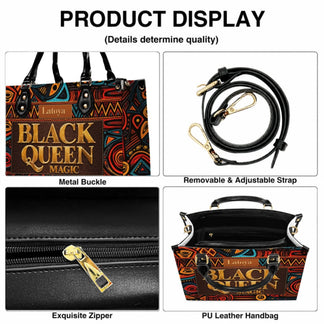 Detailed features of the personalized Black Queen Magic handbag including metal buckles zipper and shoulder strap.