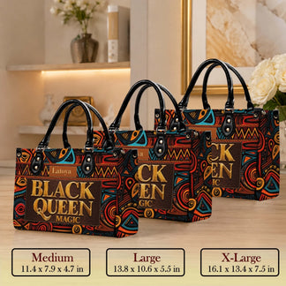 A selection of three custom Black Queen Magic PU leather handbags shown in medium large and extra large sizes.